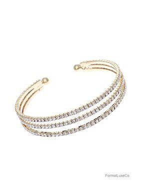 Three Row Rhinestone Cuff Bracelet Gold Plated Flexible Adjustable
